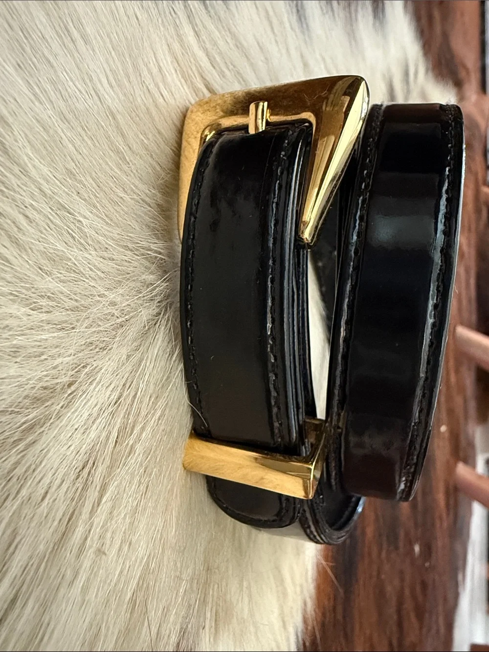 St. John Black Patent Leather Belt with Gold Buckle